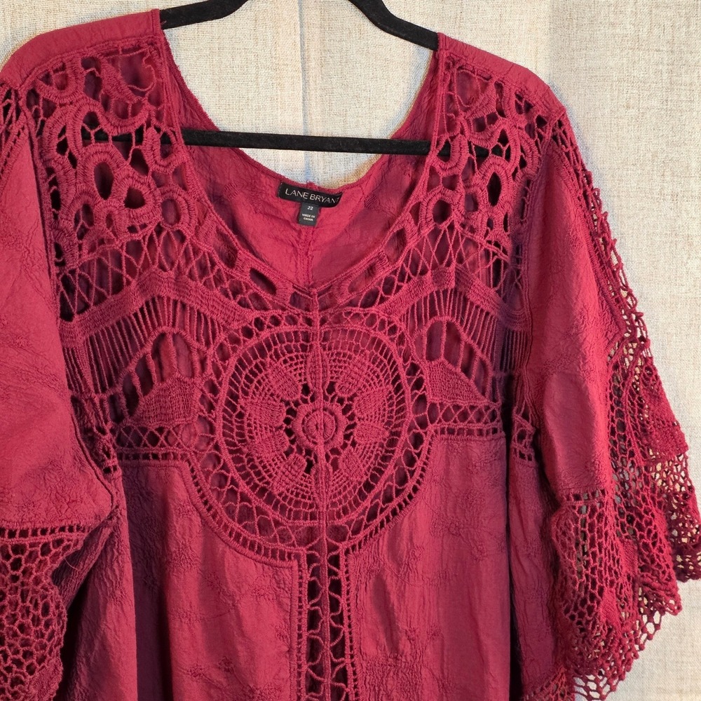Lane Bryant Crochet Embroidered Boho Top Women's 22 Burgundy Cotton Loose Fit - Picture 2 of 9